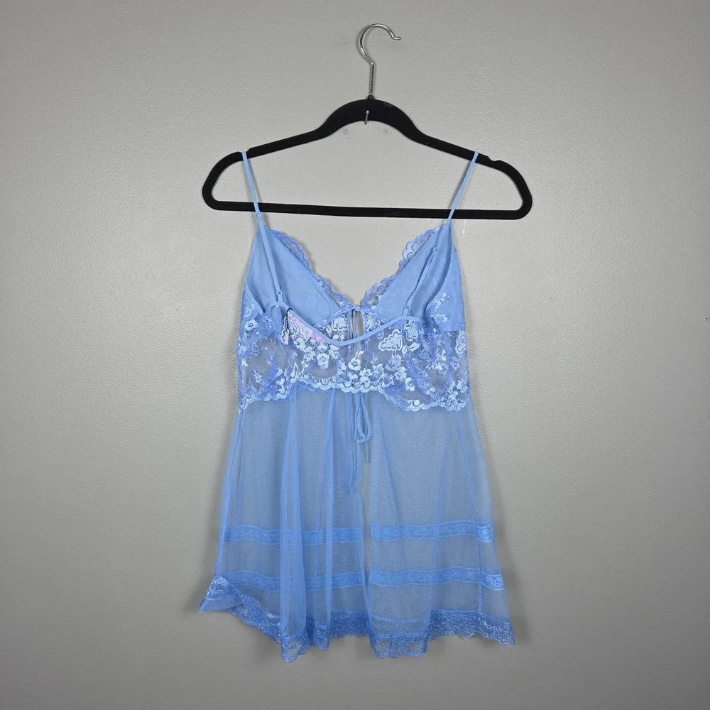 Victoria's Secret Women's S Y2K Babydoll Sheer Lace Tie Front Silk Trim Blue